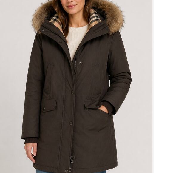 Burberry Jackets & Blazers - Burberry London Babthorpe Brown Parka Nova Check Fur Trim Hood Large